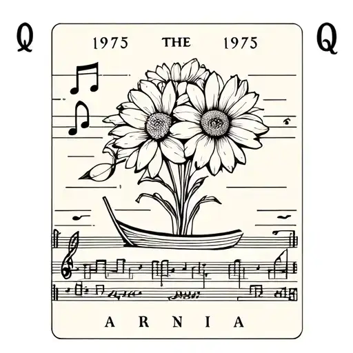 a tarot card featuring: the number 1975, the letter Q, chrysanthemum, gladiolus, a rowing boat, musical notes  tattoo design idea