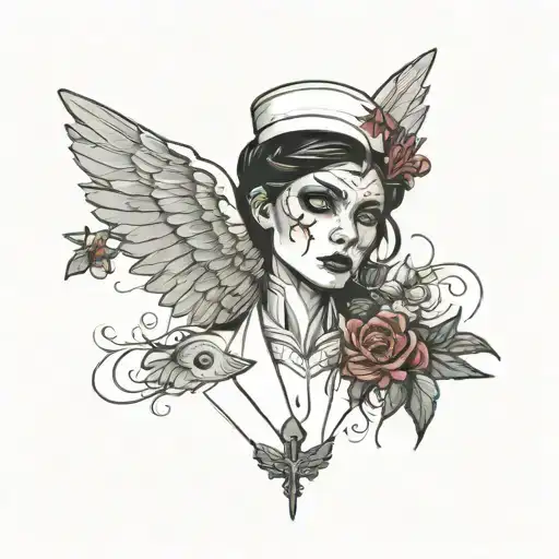 a nurse surrounded by wings and flowers with cracks in her face and very dark eyes  tattoo design idea