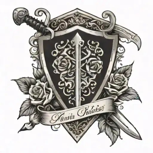 shield with sword with roses. A ribbon spirals the piece, with the writing "R.IP, Paul and hiba Gibbons, 5/5/23,26/05/17 tattoo design idea