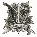 shield with sword with roses. A ribbon spirals the piece, with the writing "R.IP, Paul and hiba Gibbons, 5/5/23,26/05/17 tattoo design idea