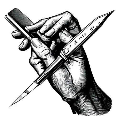 surgeon's hand holding one surgical scalpel that has a #15 blade on it tattoo design idea