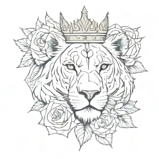 crown lioness rose tattoo design idea