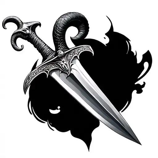 dagger with Ram head handle and last name alba on blade tattoo design idea