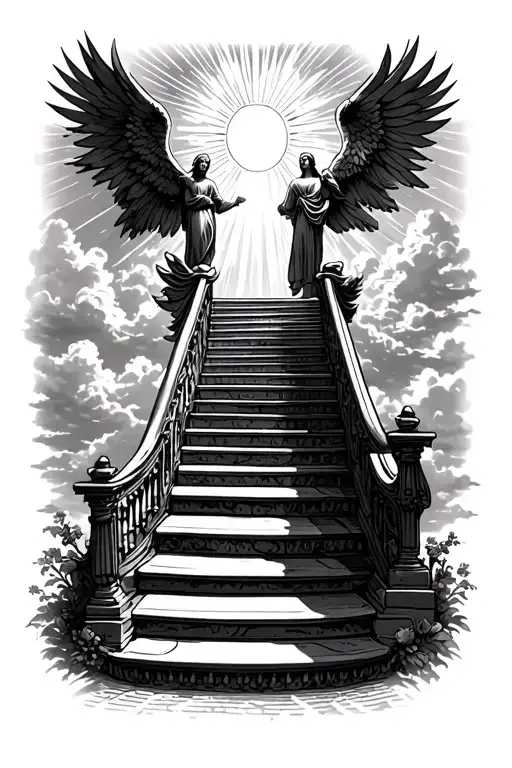 stairway to heaven walking up stairs angels sun rays clouds heaven gate at the top of the stairs  tattoo design idea