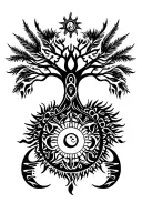 tribal design including army elements, tree of life, dna strand, goddess sun and moon in cente, dragon, hawaiian islands tattoo design idea