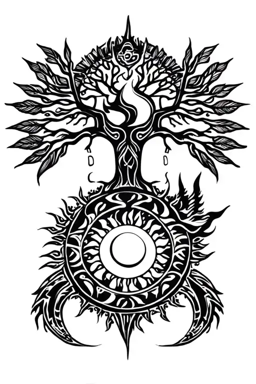 tribal design including army elements, tree of life, dna strand, goddess sun and moon in cente, dragon, hawaiian islands tattoo design idea