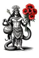 An Aztec-inspired design featuring a god figure with a serpent body, holding a bag of money and a bouquet of poppies, symbolizing wealth and power in the criminal underworld tattoo design idea