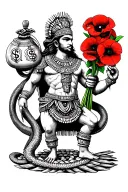 An Aztec-inspired design featuring a god figure with a serpent body, holding a bag of money and a bouquet of poppies, symbolizing wealth and power in the criminal underworld tattoo design idea