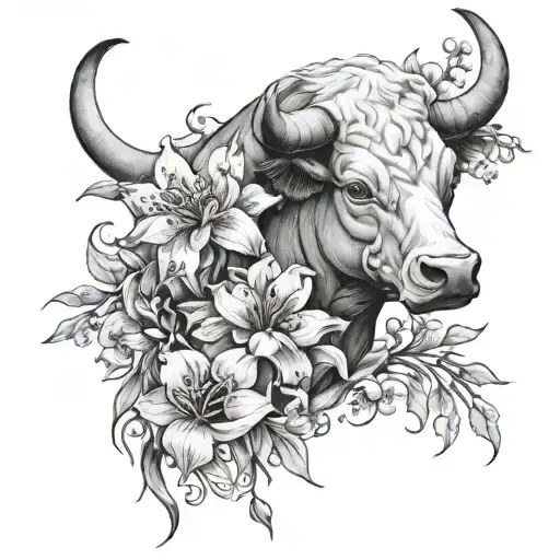 A tattoo with half a bull, the other half covered with lily of the valley, tulips, and chrysanthemums tattoo design idea