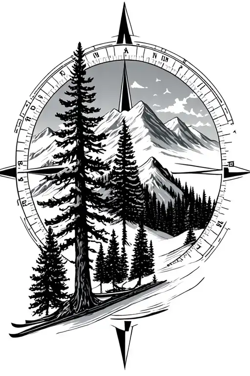trees mountains skiing compass dates tattoo design idea