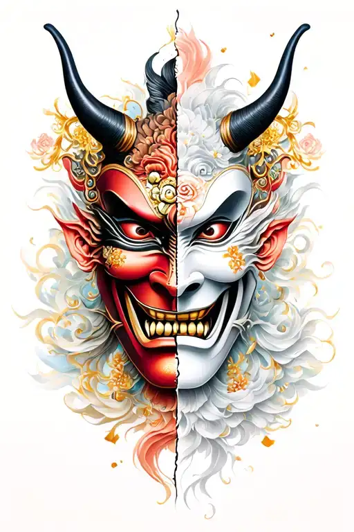 la cartina and oni japanese mask split in half tattoo design idea