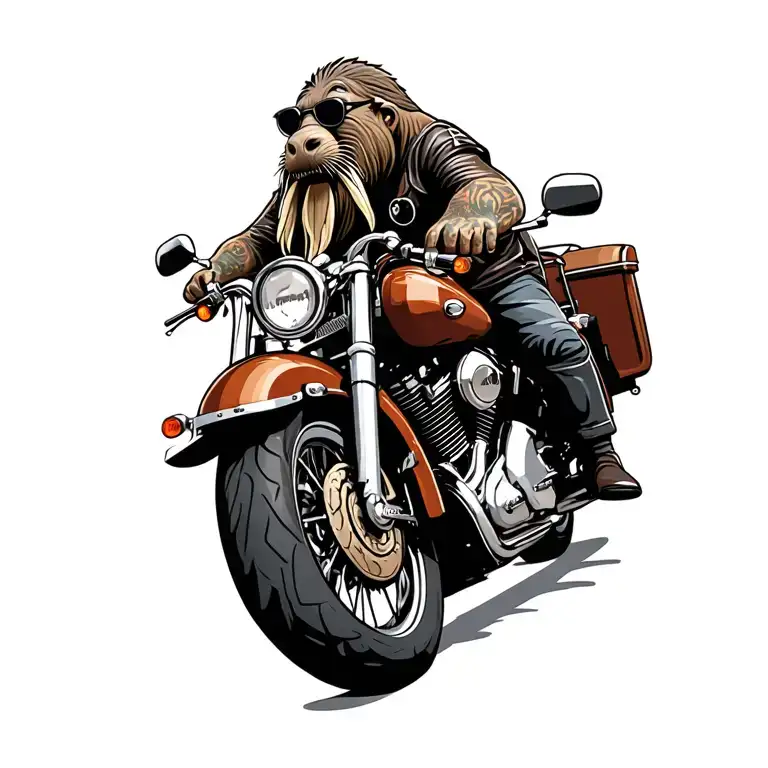 male walrus full body wearing riding leathers and sunglasses with a grey goatee riding a harley ultra limited tattoo design idea