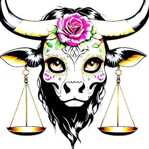 woman bull with sugar skull markings, brown eyes and two Libra scales and dark background tattoo design idea