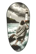 Hyper Realistic, Portrait of Jesus Christ walking from the back towards a Lighthouse in the distance, stormy waters tattoo design idea