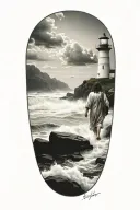 Hyper Realistic, Portrait of Jesus Christ walking from the back towards a Lighthouse in the distance, stormy waters tattoo design idea