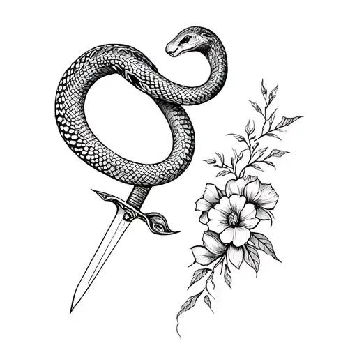 Fine line tattoo of a snake coiled around a dagger with flowers, ultra-thin black lines, no shading, clean minimal linew tattoo design idea