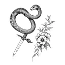 Fine line tattoo of a snake coiled around a dagger with flowers, ultra-thin black lines, no shading, clean minimal linew tattoo design idea