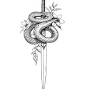 Fine line tattoo of a snake coiled around a dagger with flowers, ultra-thin black lines, no shading, clean minimal linew tattoo design idea