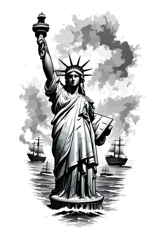 sexy Statue of Liberty with burning boats in background  tattoo design idea