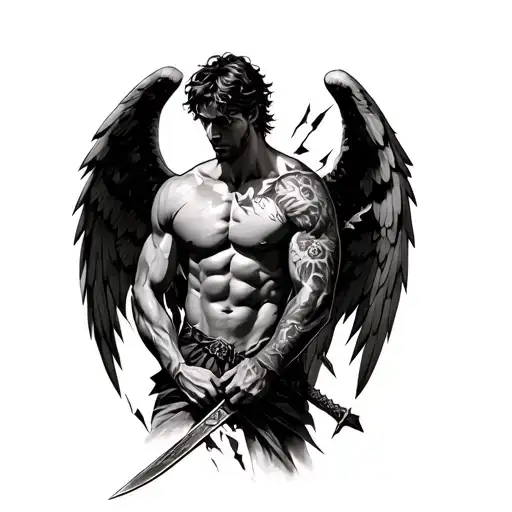 full back tattoo design, a fallen angel with broken wings, central muscular male figure holding a broken sword, detailed tattoo design idea