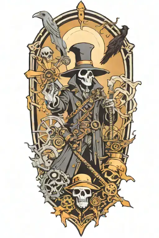 A neotraditional design featuring a cartoon grim reaper, plague doctor, and crow in a steampunk-inspired setting tattoo design idea