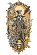 A neotraditional design featuring a cartoon grim reaper, plague doctor, and crow in a steampunk-inspired setting tattoo design idea