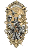 A neotraditional design featuring a cartoon grim reaper, plague doctor, and crow in a steampunk-inspired setting tattoo design idea
