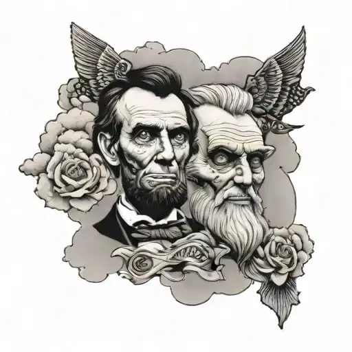 A image of a forearm tattoo that says may see no evil and  Abe Lincoln bleeding from eye with clouds and cross  tattoo design idea