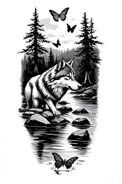 wolf thrashing in river with rocks forest trees background looking river flowing down arm butterflys in background tattoo design idea