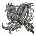 Phoenix with nine tailed fox and moon tattoo design idea