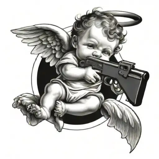 Baby angel holding a gun tattoo design idea