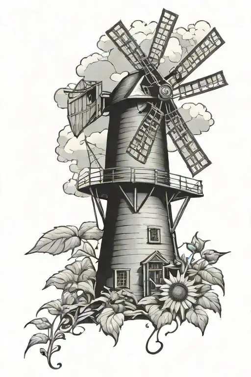 Dutch mill with sunflowers tending to a cloudy sky tattoo design idea