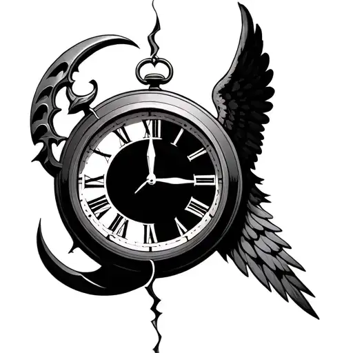 broken clock with a sickle on one side and an angel wing on the other tattoo design idea