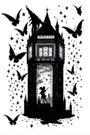 universe and the theme of Peter Pan, therefore London, imaginary country, starry sky, silhouettes, fairy dust, dream effect tattoo design idea