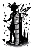 universe and the theme of Peter Pan, therefore London, imaginary country, starry sky, silhouettes, fairy dust, dream effect tattoo design idea