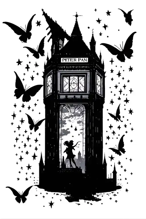 universe and the theme of Peter Pan, therefore London, imaginary country, starry sky, silhouettes, fairy dust, dream effect tattoo design idea