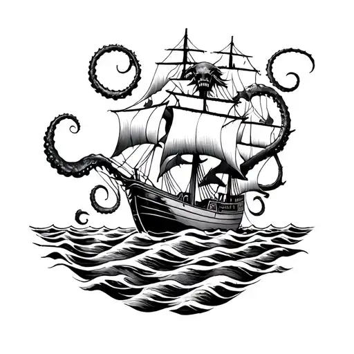 kraken under a burning ship sailing through a sea tattoo design idea