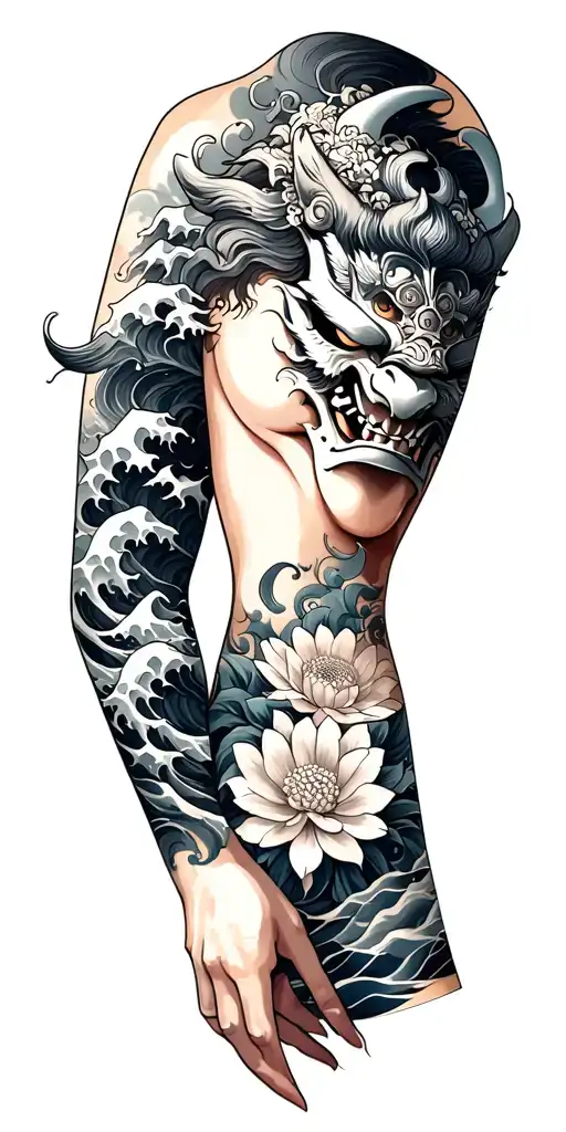 japanese arm sleeve wind and waves with oni mask and chrysanthemum tattoo design idea