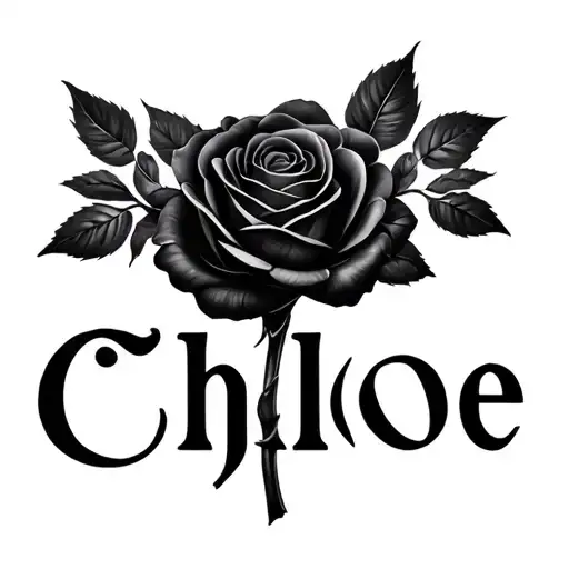 The name Chloe with one large realistic black rose on both sides in all black tattoo design idea