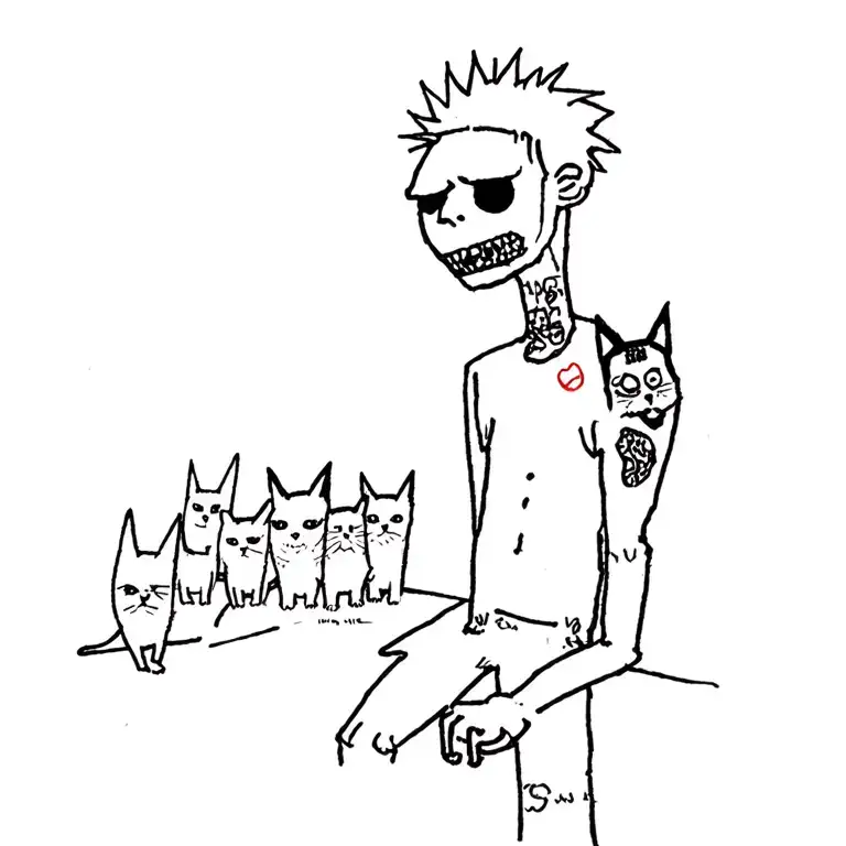 punk rock dude with gang of cats tattoo design idea