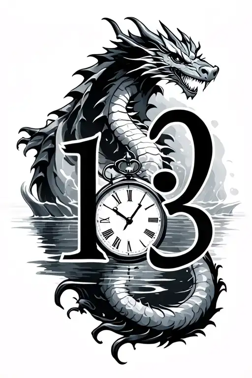 "12/3" dragon tattoo with water behind it and clock tattoo design idea
