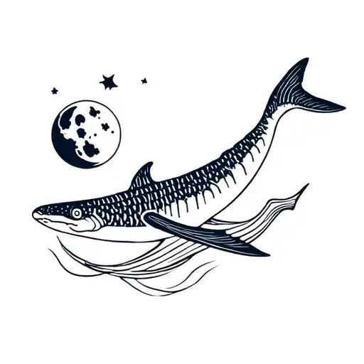 whale shark, with a moon, and a wave tattoo design idea