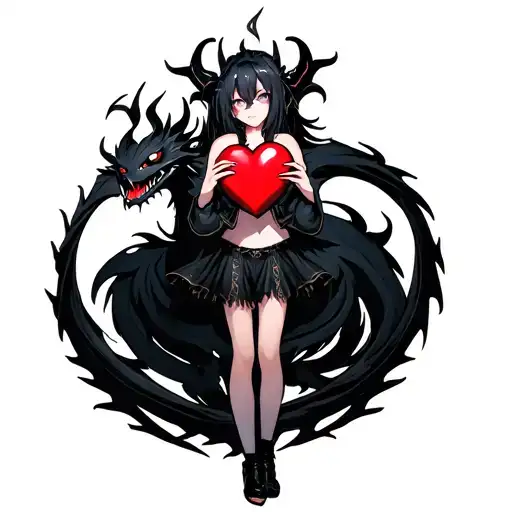 anime demon girl holding a shattered heart with a heart shaped black dragon surround tattoo design idea