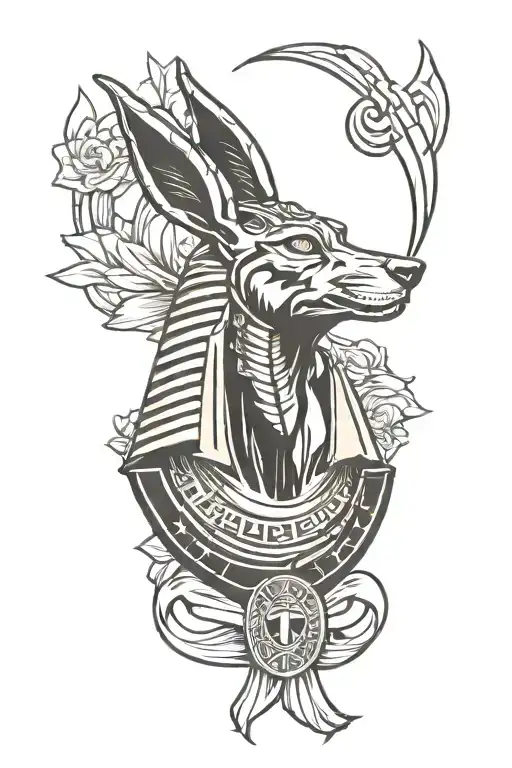 anubis egiptian god merged with gravestone holding ribbon tattoo design idea