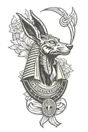 anubis egiptian god merged with gravestone holding ribbon tattoo design idea
