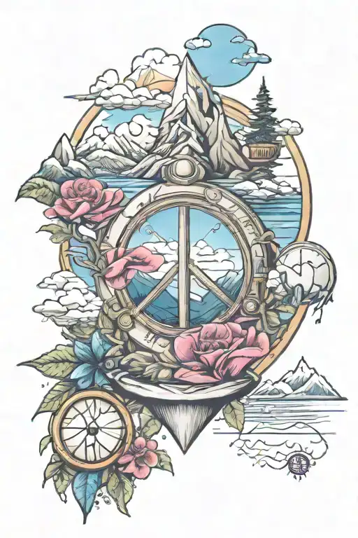 peace symbol with mountains and hourglass  tattoo design idea