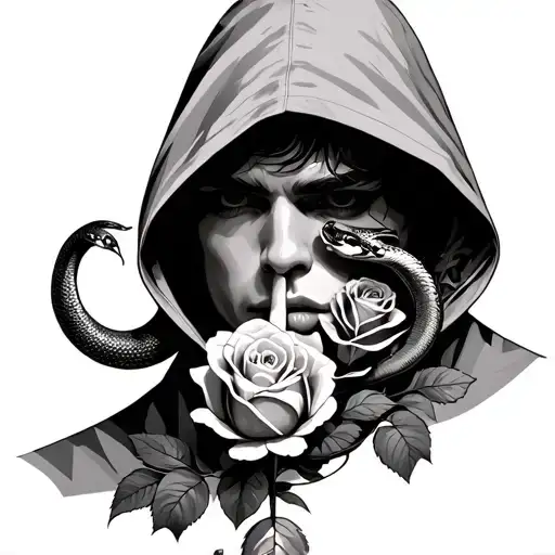 Hooded man, half-hidden face, finger to lips, floating balance with serpent and rose, black & grey, realistic, dramatic  tattoo design idea