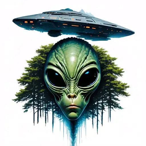 man being abducted by alien's in forest. alien head above the spaceship tattoo design idea