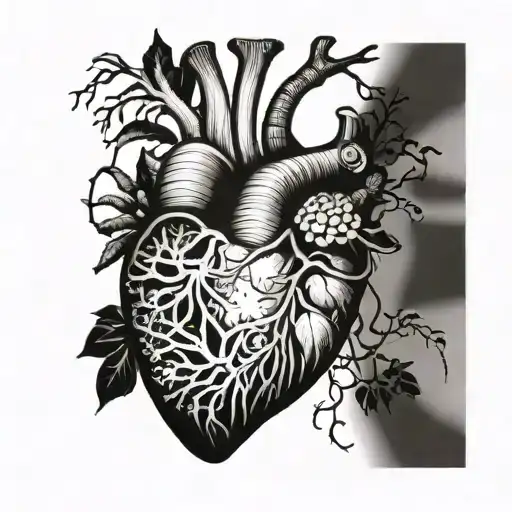small tattoo, heart organ shaped with sea shells corals tree roots vines tattoo design idea