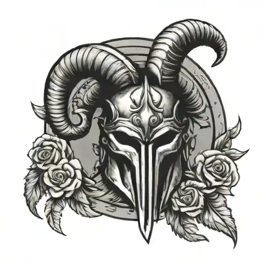 Aries horn with a spartan mask tattoo design idea